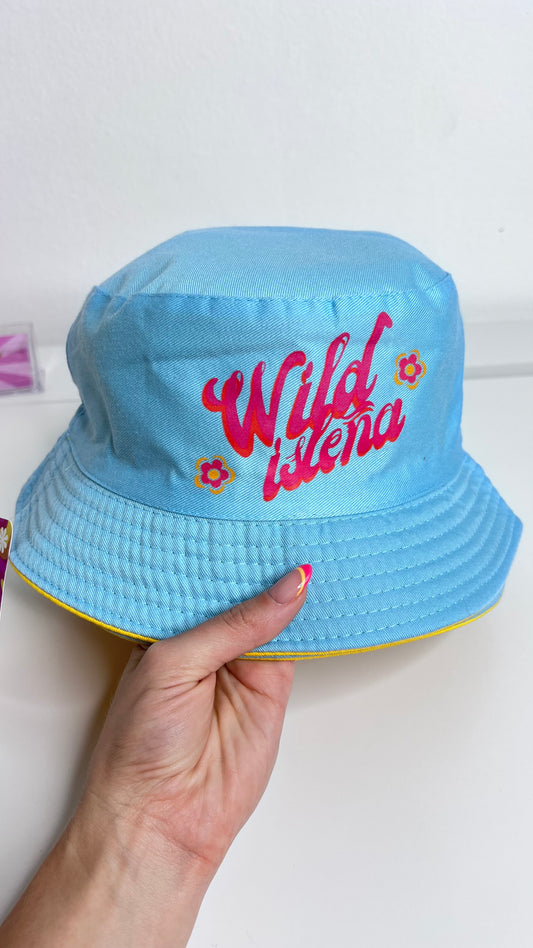 Wild isleña bucket hat one side logo, blue & mustard